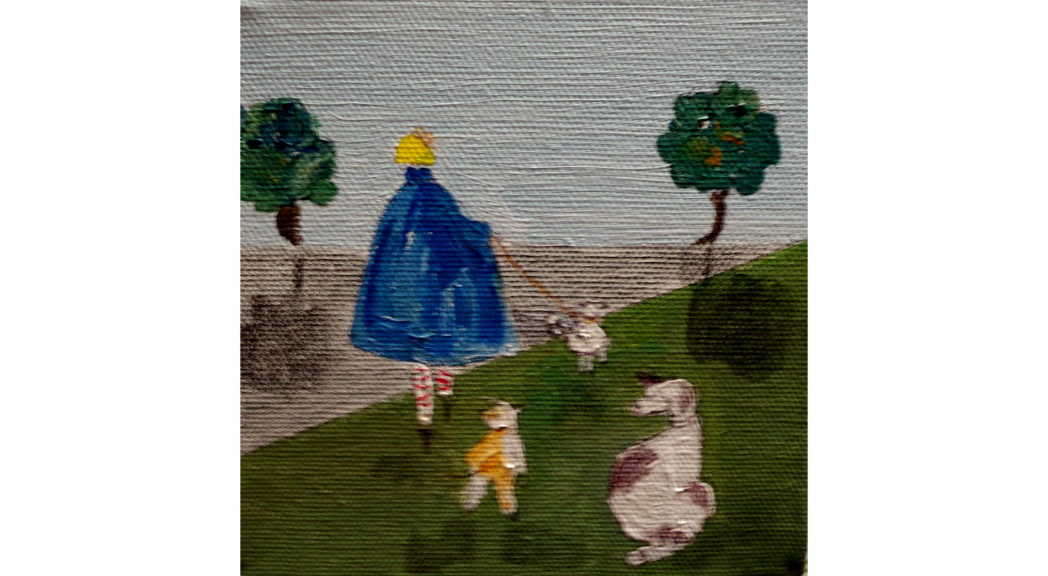 Liz Fletcher Acrylic on Canvas 'Walkies 2'  5 by 5 inches �60 On display in Bembridge Shop.