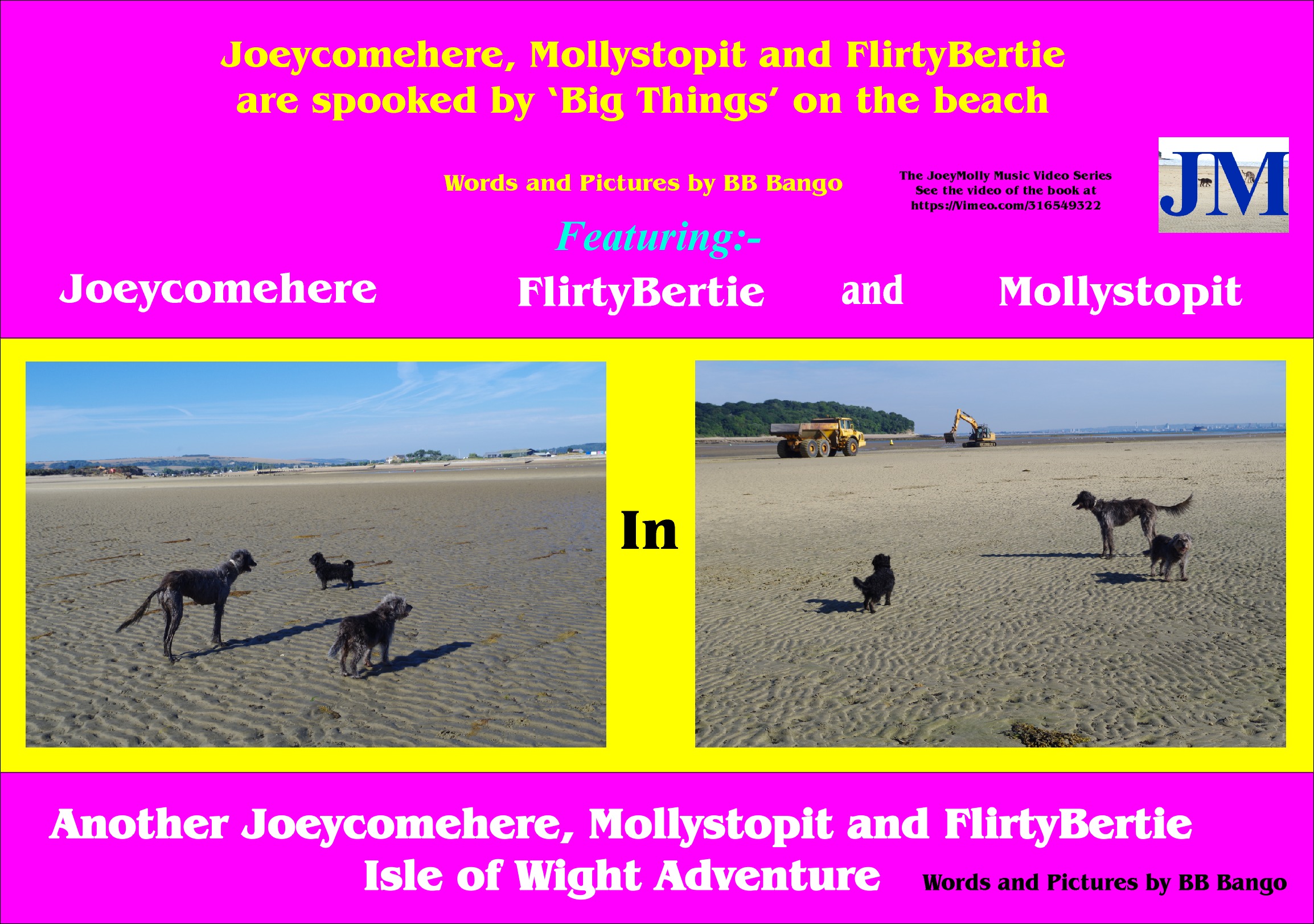 Now available on Kindle. Joeycomehere, Mollystopit and now FlirtyBertie get spookend by big things on the beach. Part of a series of Wight Adventures written by BB Bango and published by ClayClay. Copies of book in  A5 format available direct from the ClayClay Shop  This 4th book  is also a music video on vimeo.com. see link on front cover of book