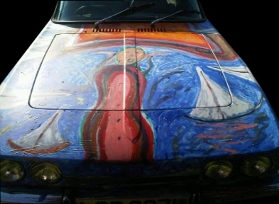 Art Car BB Bango. Sailing Scream by car on Wight. Acrylic on fibreglass. V6 Reliant Scimitar 1972 �1,500 including artwork.