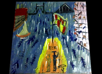 BB Bango. Queens' Diamond Jubilee River Pageant. Bango depiction of David Hockney Pageant picture. Acrylic on Terracotta.   30*30cm �20