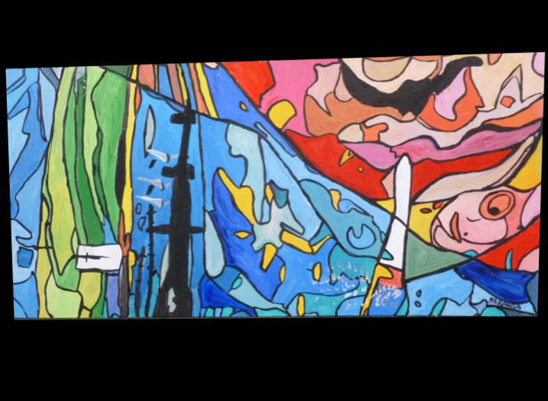 'Eight 5' - One 2ft by 4 ft section of the eight boards that make up Spin Art's 'Bembridge Harbour' by  BB Bango. �SpinArt� -4 ways of looking at the picture - the right way, upside down or each side by  BB Bango. This huge 8ft by 8ft (2440 by 2440mm Acrylic on white hardboard is made up of 8No. 2 ft by 4 ft (610 by 1220mm) pieces. Each Piece as shown below can be sold separately at �350 per section or fo all 8 �2,250. This picture was finished 5th December 2013. 