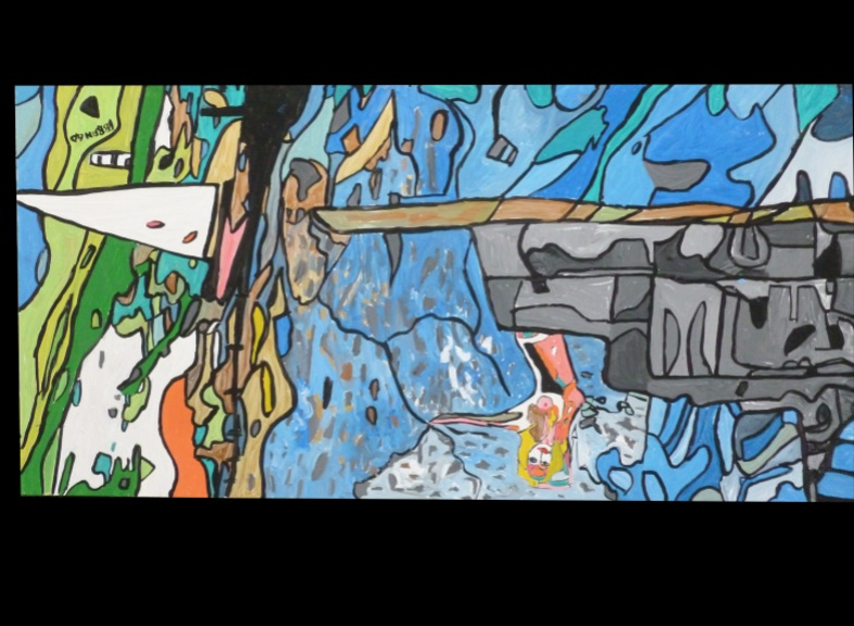'Eight 7' - One 2ft by 4 ft section of the eight boards that make up Spin Art's 'Bembridge Harbour' by  BB Bango. �SpinArt� -4 ways of looking at the picture - the right way, upside down or each side by  BB Bango. This huge 8ft by 8ft (2440 by 2440mm Acrylic on white hardboard is made up of 8No. 2 ft by 4 ft (610 by 1220mm) pieces. Each Piece as shown below can be sold separately at �350 per section or fo all 8 �2,250. This picture was finished 5th December 2013. 