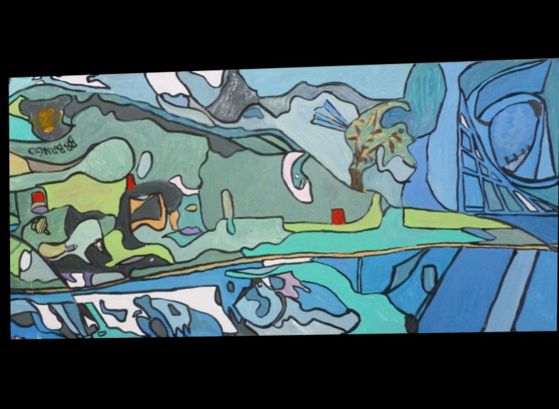 'Eight 2' - One 2ft by 4 ft section of the eight boards that make up Spin Art's 'Bembridge Harbour' by  BB Bango. �SpinArt� -4 ways of looking at the picture - the right way, upside down or each side by  BB Bango. This huge 8ft by 8ft (2440 by 2440mm Acrylic on white hardboard is made up of 8No. 2 ft by 4 ft (610 by 1220mm) pieces. Each Piece as shown below can be sold separately at �350 per section or fo all 8 �2,250. This picture was finished 5th December 2013. 