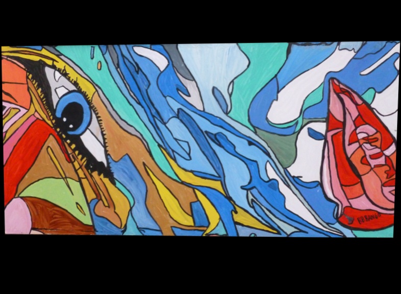 'Eight 4' - One 2ft by 4 ft section of the eight boards that make up Spin Art's 'Bembridge Harbour' by  BB Bango. �SpinArt� -4 ways of looking at the picture - the right way, upside down or each side by  BB Bango. This huge 8ft by 8ft (2440 by 2440mm Acrylic on white hardboard is made up of 8No. 2 ft by 4 ft (610 by 1220mm) pieces. Each Piece as shown below can be sold separately at �350 per section or fo all 8 �2,250. This picture was finished 5th December 2013. 