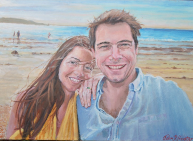 'Lil and Hamish engament portrait 2020 large in oilsDusk over St. helens harbour' by John Hunter Landscape Artist Acrylic on canvas. 60 by 50 cm  £200.0.