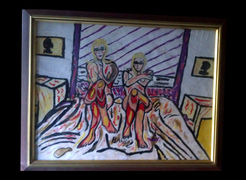 Abstract Nudes on bed by BB Bango. Acrylic on Paper.  Framed, glass 29*20cm 40. On display Bembridge shop. Also postcards available. This picture painted 20th April 2013 is based on an EspadaRolls Glamour model photo shoot for the Tacky..... Original Music music videos.