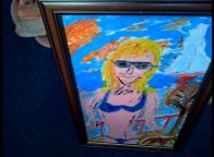 BB Bango Woman in blue bikiniy BB Bango Framed Acrylic on paper. Now in Pilot Boat Inn, Bembridge IW