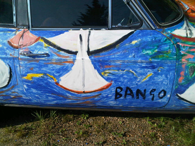 Art Car BB Bango. Sailing Scream by car on Wight. Acrylic on fibreglass. V6 Reliant Scimitar 1972 1,500 including artwork.