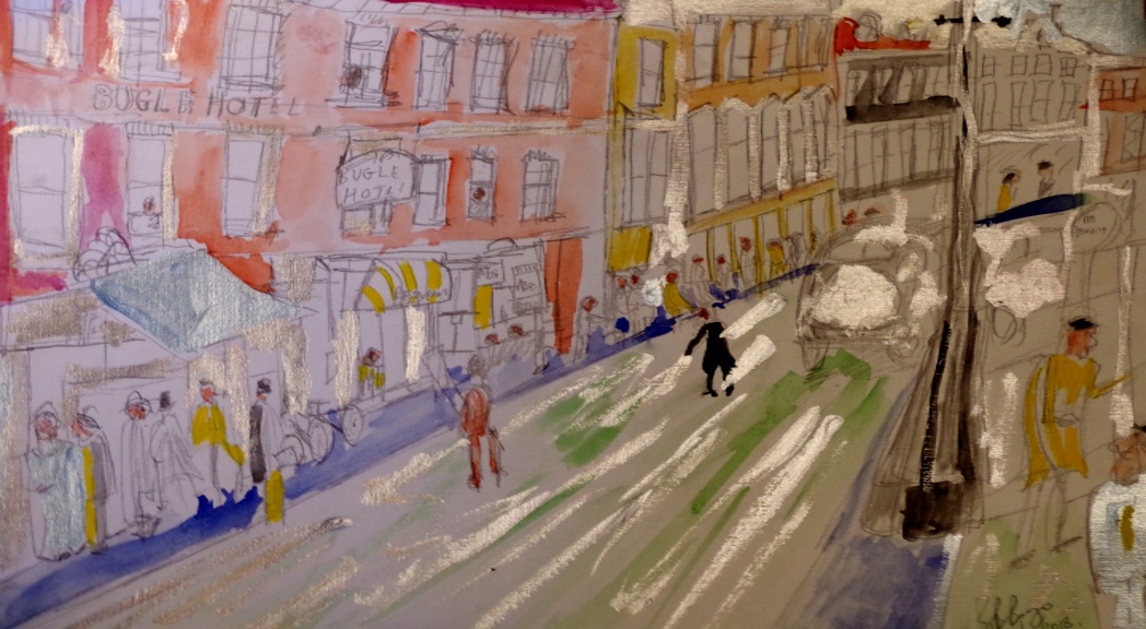 'Newport High St 1950s' Watercolour and acrylic on Paper A3 size  by BB Bango   £50