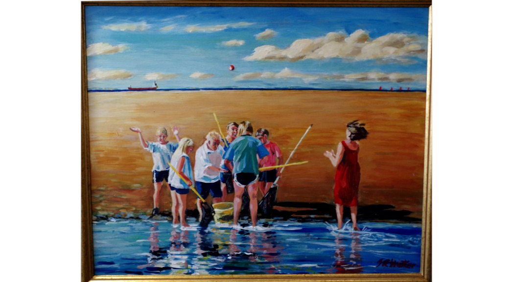 'Beach play' by John Hunter Landscape Artist Acrylic on canvas. 50 by 40 cm  Framed £180.