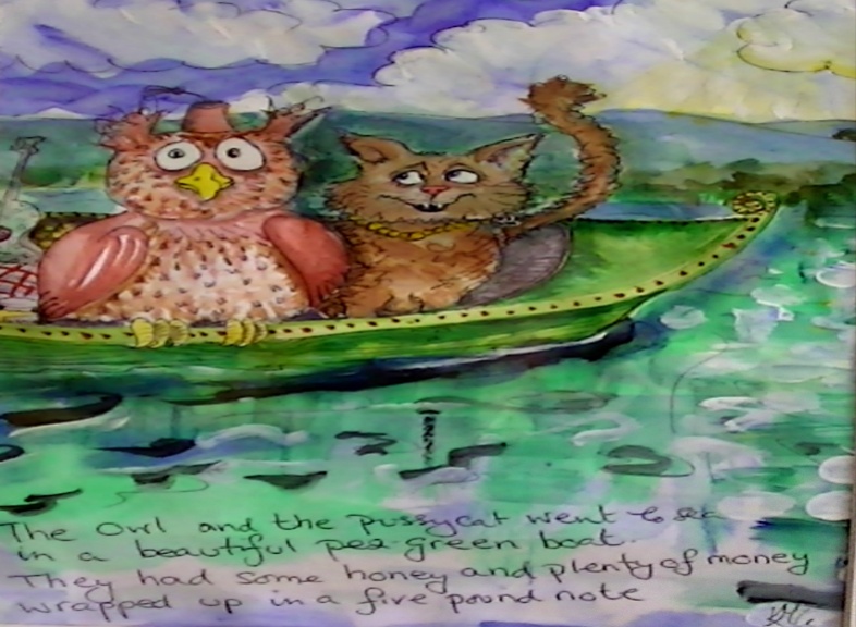 'Owl and the Pussycat' by Kate Gooden Hand painted Print 28*28cm �15. On display ClayClay shop.