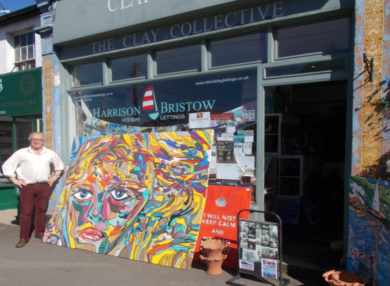 BB Bango with his painting 'Eyes'  Painting by BB Bango in acrylic 8 ft by 6ft  on 4 canvasses. £800. On display Bembridge shop .This picture has been submitted to the Royal Academy Summer Exhibition 2015  but not shortlisted