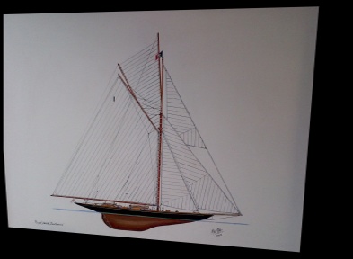Brittannia J class Yacht on 75*58cm Canvas. Original art by  Mike Miller Seaview Based Artist in many mediums onto canvas, card and terracotta. On display in Bembridge shop. 500