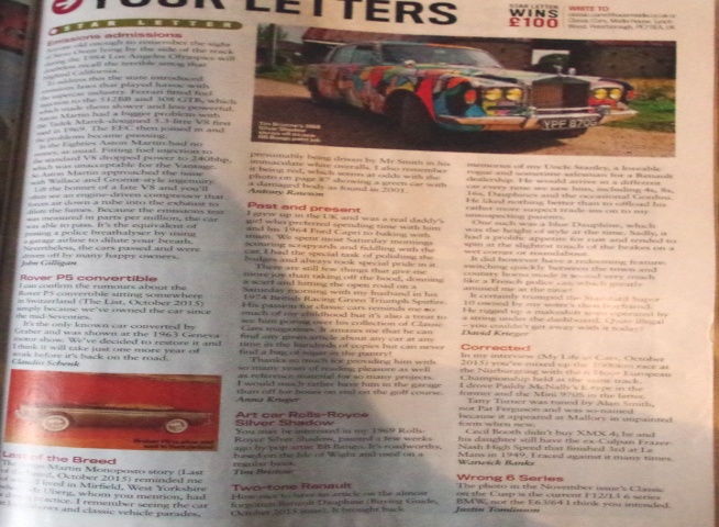 ArtCar letter published in Classic Cars Magazine December 2015 issue
