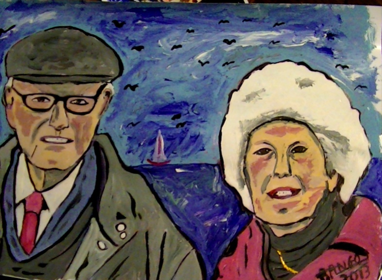 Pop Art Commission like this one of a 'Couple in Oxfordshire' showing original photo and finished Pop Art Caricature.