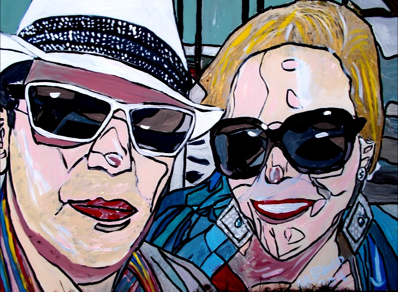 James and Georgie acrylic on canvas 900*600mm from £150. Turnaround 2 weeks from receiving photograph.  E mail us a photo and BB Bango will do an Original Pop Art (Black lines, loads of colours as per 60s Dada  artwork) caricature of you - your face, your body