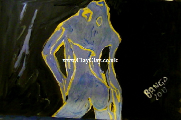 'Blue Gold Nude' by BB Bango. One of a selection of A4 sized acrylic on paper and framed original photo based paintings.  Also postcards available. This picture was painted July 28th 2013 .