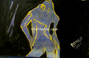 'Blue Gold Nude' by BB Bango. One of a selection of A4 sized acrylic on paper and framed original photo based paintings.  Also postcards available. This picture was painted July 28th 2013 .