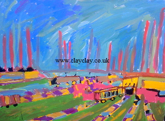 'Brickyard chimneys by the railway' 20 by  16 inches by BB Bango. July 15th 2015 Acrylic on canvas. £50