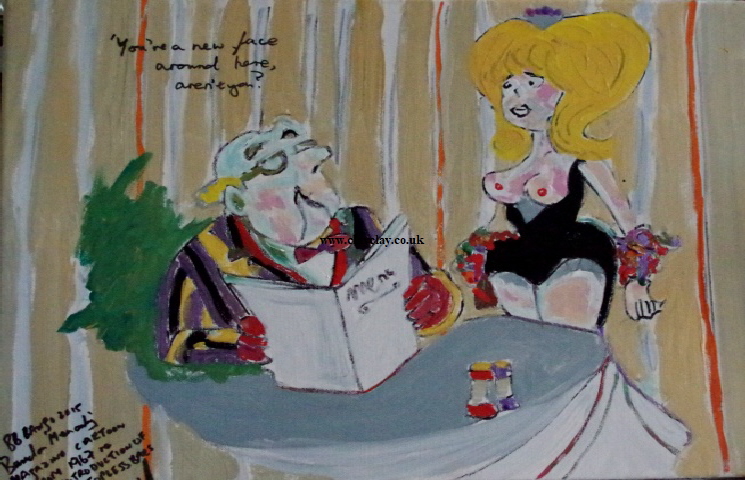 'Topless Bar New Face' by BB Bango. Acrylic on canvas 20 by 16 inches. Based on Men Only magazine cartoon 1967 on introduction of Topless bars to London. On display Bembridge Shop  £100
