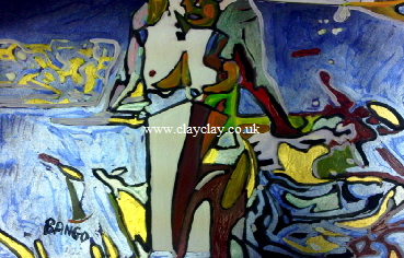 'Abstract Nude Sitting' by BB Bango. One of a selection of A4 sized acrylic on paper and framed original photo based paintings.  This picture was painted August 30th 2013 . Also on Saatchi Online web site at $120