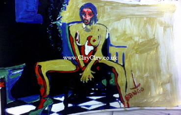 'Sitting Nude' by  BB Bango. One of a selection of A4 sized acrylic on paper and framed original photo based paintings.  Also postcards available. This picture was painted August 28th 2013 .