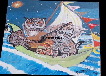 'Owl and the Pussycat'   Painting by BB Bango in acrylic 20" by 16" Commission, now in Thailand