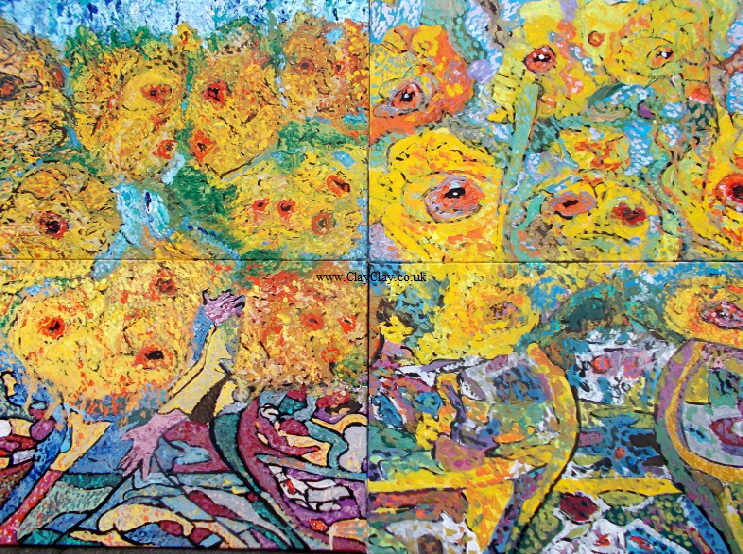 'Sunflowers'  Painting by Vincent Van Bango in acrylic on 4 canvases of 36" by 24" making a total picture size of 72" by 48" £800.  