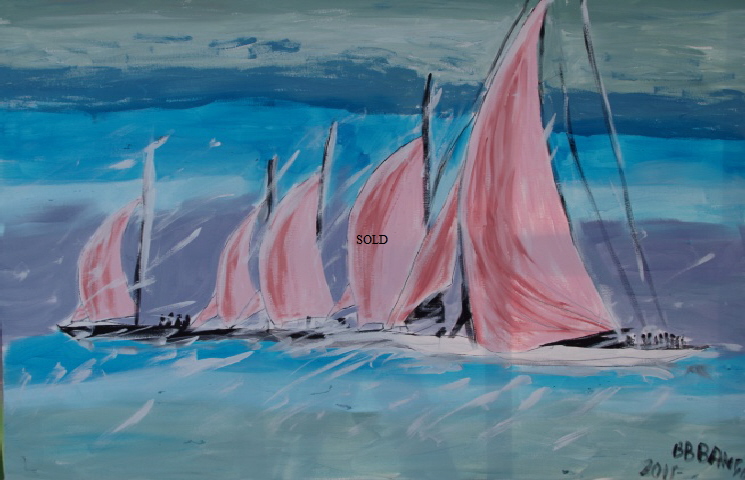 'Five Pink Sails' 30 by  40 inches by BB Bango. July 15th 2015 Acrylic on canvas. SOLD