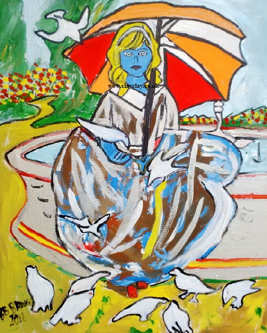 ‘Lady and Doves' by BB Bango. Acrylic on canvas.20" by 16". Also postcards available. This picture painted 10th August 2016 . £100