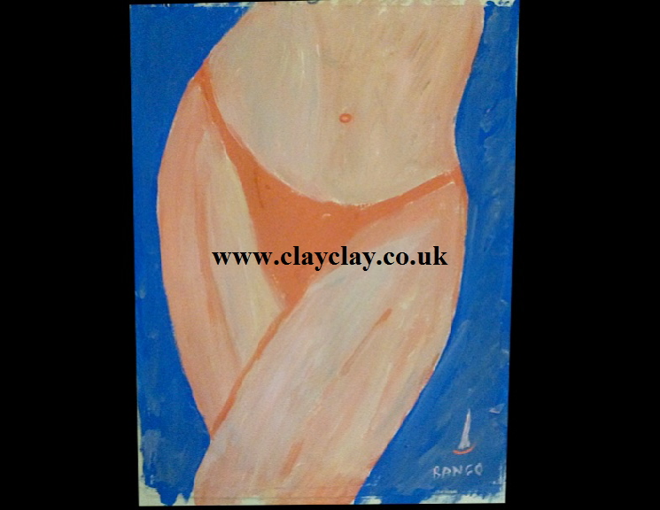 ‘Bikini’ by BB Bango. Acrylic on paper Framed and glass.  40*30cm £40. On display Bembridge shop. Also postcards available. This picture painted 3rd April 2013 is influenced by Chuck Miller. 