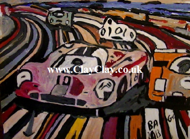'Motor Racing ' by BB Bango. One of a selection of A4 sized acrylic on paper and framed original photo based paintings �40. On display Bembridge shop. Also postcards available. This picture was painted mid May 2013 .