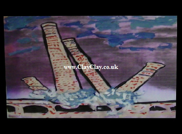 'London Brick Chimney Demolition LB1 Works Peterborough 1983' by BB Bango. One of a selection of A4 sized acrylic on paper and framed original photo based paintings �25. On display Bembridge shop. Also postcards available. This picture was painted mid May 2013 .