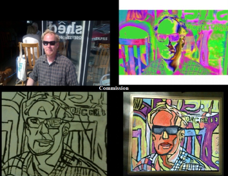 Pop Art Commission like this one of Alan showing process from photo to finished artwork. E mail us a photo and BB Bango will do an original Pop Art Caricature of you - your face, your body for just �40 (at least 25*21cm in size- acrylic on paper) framed and glass including UK postage. 