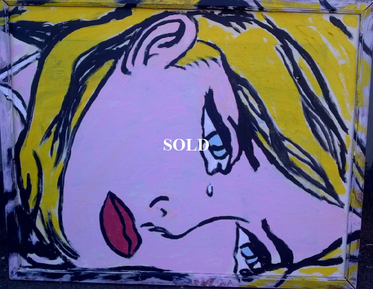 'Crying' by BB Bango. Acrylic on cardboard  framed 50*40cm SOLD.  Also postcards available. This picture painted 1st April 2013 . Influenced by 'DC Comics Strips from the early 1960 and of course Roy Lichtenstein.