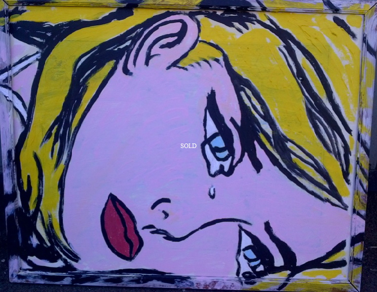 'Crying' by BB Bango. Acrylic on cardboard  framed 50*40cm SOLD.  Also postcards available. This picture painted 1st April 2013 . Influenced by 'DC Comics Strips from the early 1960 and of course Roy Lichtenstein.