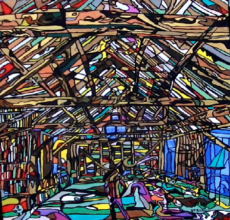 'Dutch Barn 2' by  BB Bango. One of a series of large canvases depicting Barns with many hidden images. Acrylic on canvas.  900 by 1200mm. Also postcards available. This picture was painted in January 2014  and is on display at Big Art £600 .