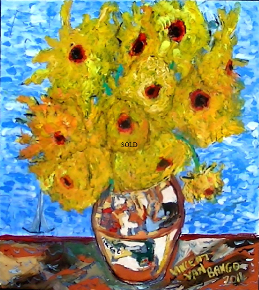 'Wight Sunflowers 2' 20 by 16" acrylic on canvas board Painting by Vincent Van Bango. SOLD