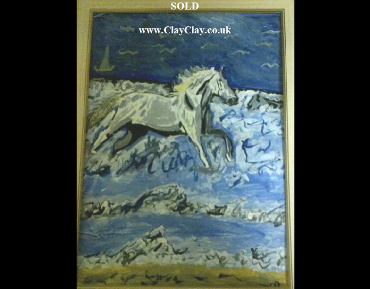 �Horse loving the wave breakers� by BB Bango. Acrylic on paper, framed and glass.  40*30cm SOLD.  Also postcards available. This picture was painted 24th April 2013 