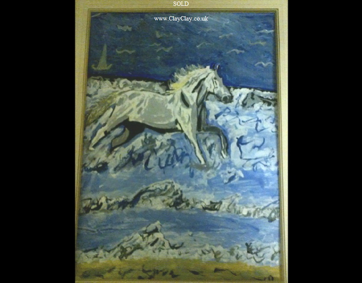 �Horse loving the wave breakers� by BB Bango. Acrylic on paper, framed and glass.  40*30cm SOLD.  Also postcards available. This picture was painted 24th April 2013 