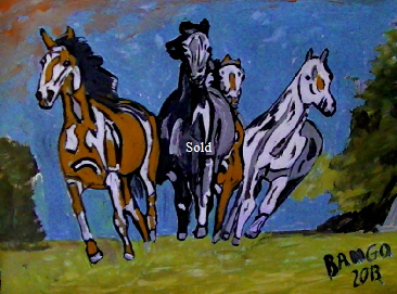 'Four Horses' by BB Bango. One of a selection of A4 sized acrylic on paper and framed original photo based paintings £40. On display Bembridge shop. Also postcards available. This picture was painted mid May 2013 .