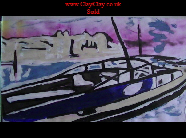 'Fairey Huntsman at Royal Yacht Squadron Harbour, Cowes' by BB Bango. One of a selection of A4 sized acrylic on paper and framed original photo based paintings �25. On display Bembridge shop. Also postcards available. This picture was painted mid May 2013 .