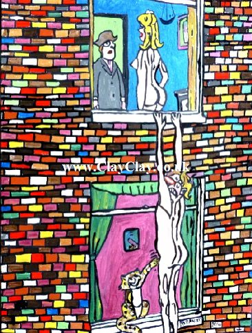Saucy. 'Man hanging from window.' A painting by BB Bango. 20 by 24" Acrylic on canvas Board. to be Resold as too saucy. £125