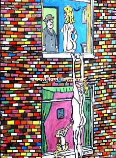 Saucy. 'Man hanging from window.' A painting by BB Bango