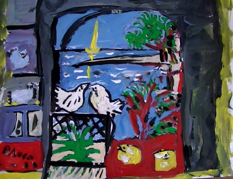 'Sea Birds'  by BB Bango. One of a selection of A4 sized acrylic on paper and framed original photo based paintings SOLD. Also postcards available. This picture was painted July 2013 .