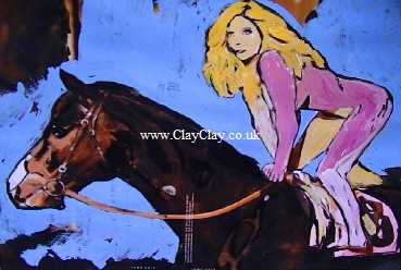 'Horse Lady' by BB Bango. One of a selection of A4 sized acrylic on paper and framed original photo based paintings £40. On display Bembridge shop. Also postcards available. This picture was painted July 2013.