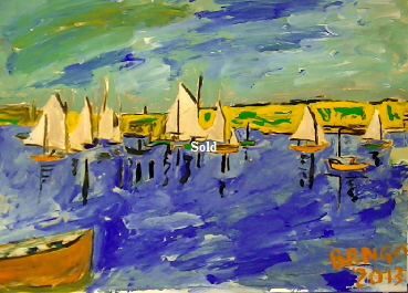 'Sailing Bembridge' by BB Bango. One of a selection of A4 sized acrylic on paper and framed original photo based paintings �40. On display Bembridge shop. Also postcards available. This picture was painted late May 2013 .