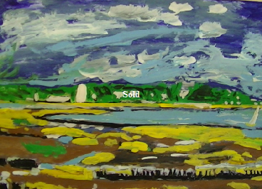 'Bembridge Entrance' by BB Bango. One of a selection of A4 sized acrylic on paper and framed original photo based paintings �40. On display Bembridge shop. Also postcards available. This picture was painted late May 2013 .