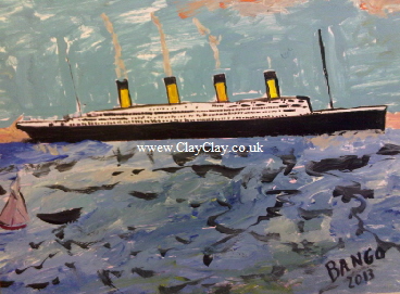 'Titanic' by BB Bango. One of a selection of A4 sized acrylic on paper and framed original photo based paintings £40. On display Bembridge shop. Also postcards available. This picture was painted mid May 2013 .