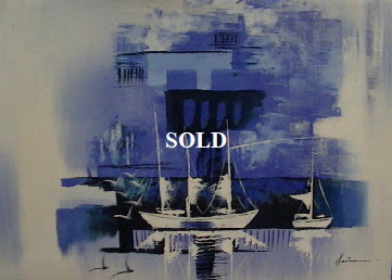 Blue Boats by Janine? Acrylic on canvas. Originating from Print dealer Roy Burrows. 60*45cm �60 On display Bembridge shop 
